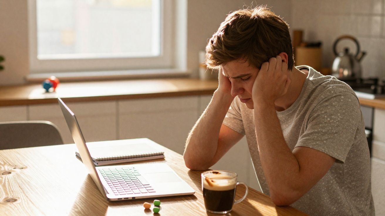 Homem jovem sentado à mesa, com expressão preocupada, olhando para portátil, numa cozinha iluminada.