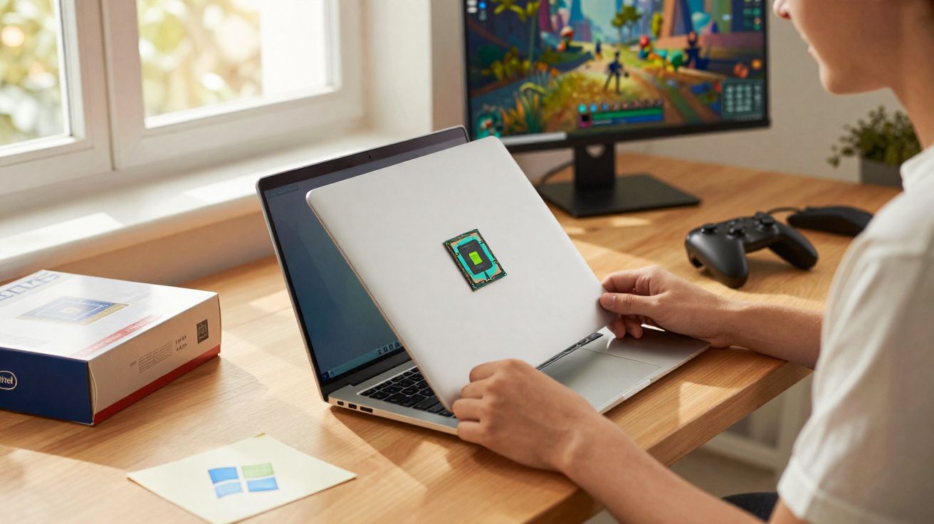 Pessoa a fechar portátil com adesivo de chip, ambiente de trabalho com monitor, comando de jogo e caixa Intel.