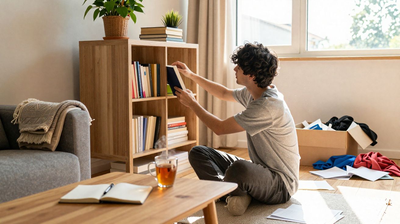 Jovem sentado no chão a organizar livros numa estante numa sala iluminada com chá e caderno na mesa.