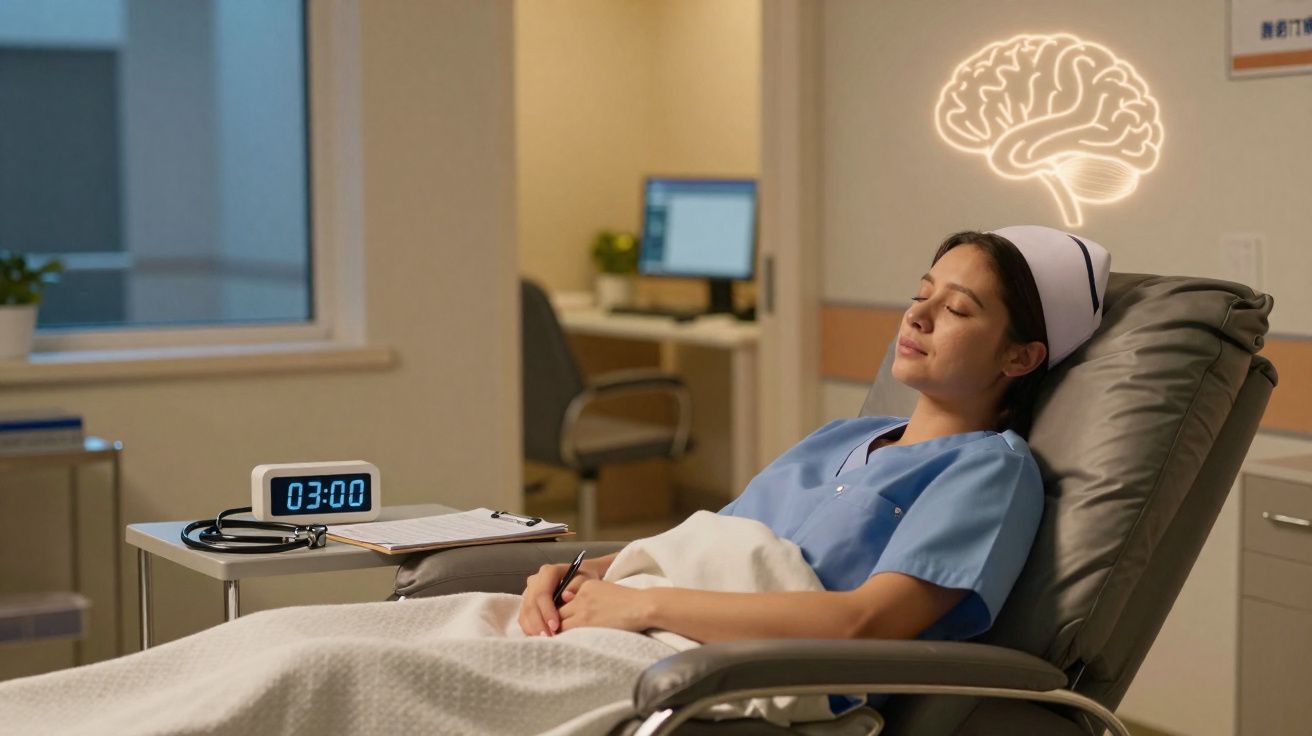 Enfermeira a descansar numa cadeira reclinável com luz de cérebro neon na parede atrás dela.