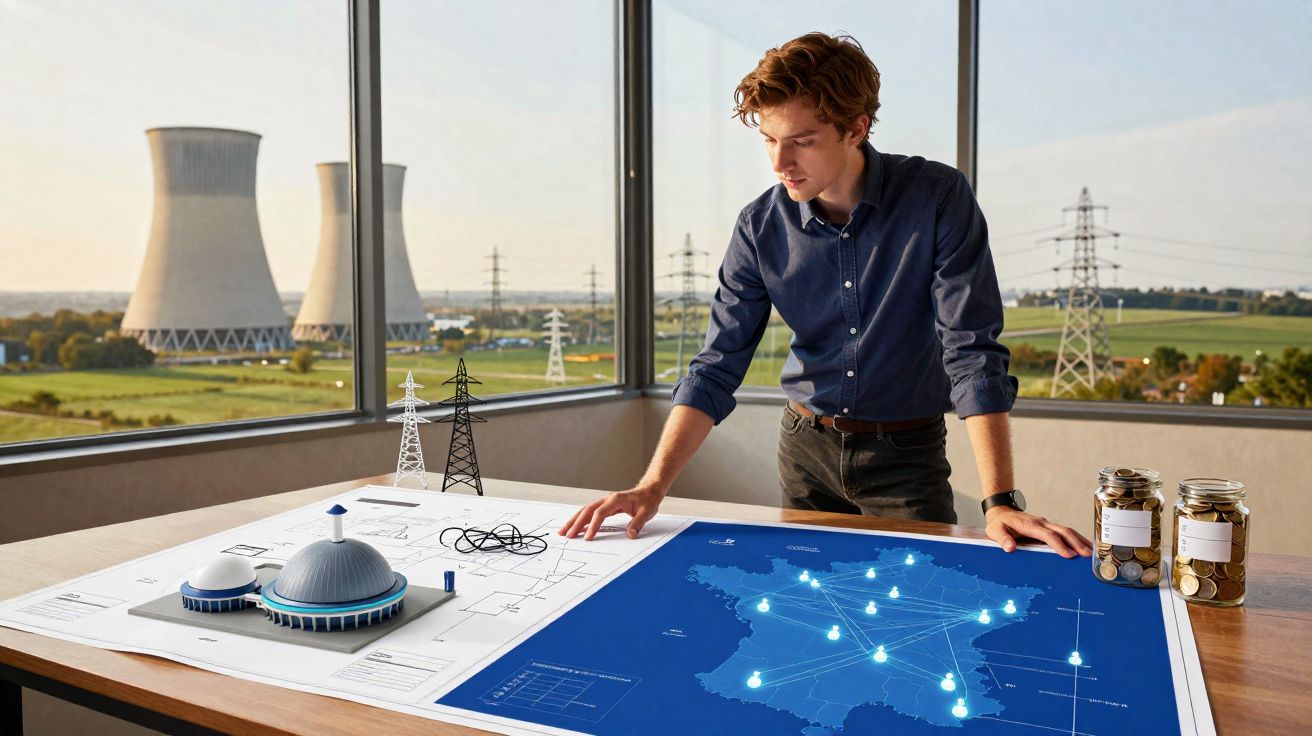 Homem a analisar maquete de usina nuclear e mapa de rede elétrica com torres e moedeiros, com torres de refrigeração ao fundo