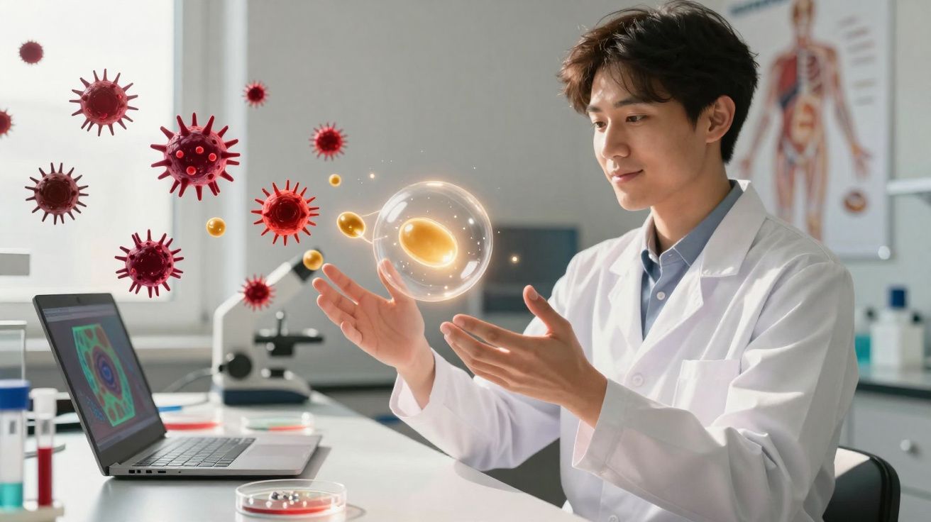 Cientista num laboratório a analisar células e vírus digitais projetados em ambiente de investigação científica.