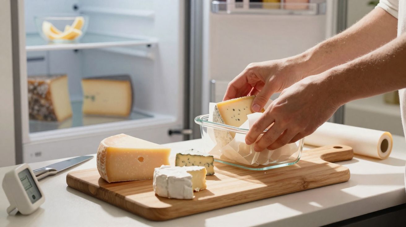 Mãos a guardar queijos variados numa vasilha de vidro, com tábua de madeira e frigorífico ao fundo.
