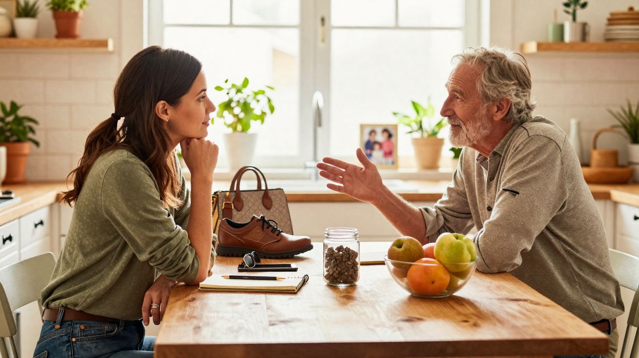 Homem idoso e mulher jovem sentados à mesa da cozinha a conversar num ambiente iluminado e acolhedor.