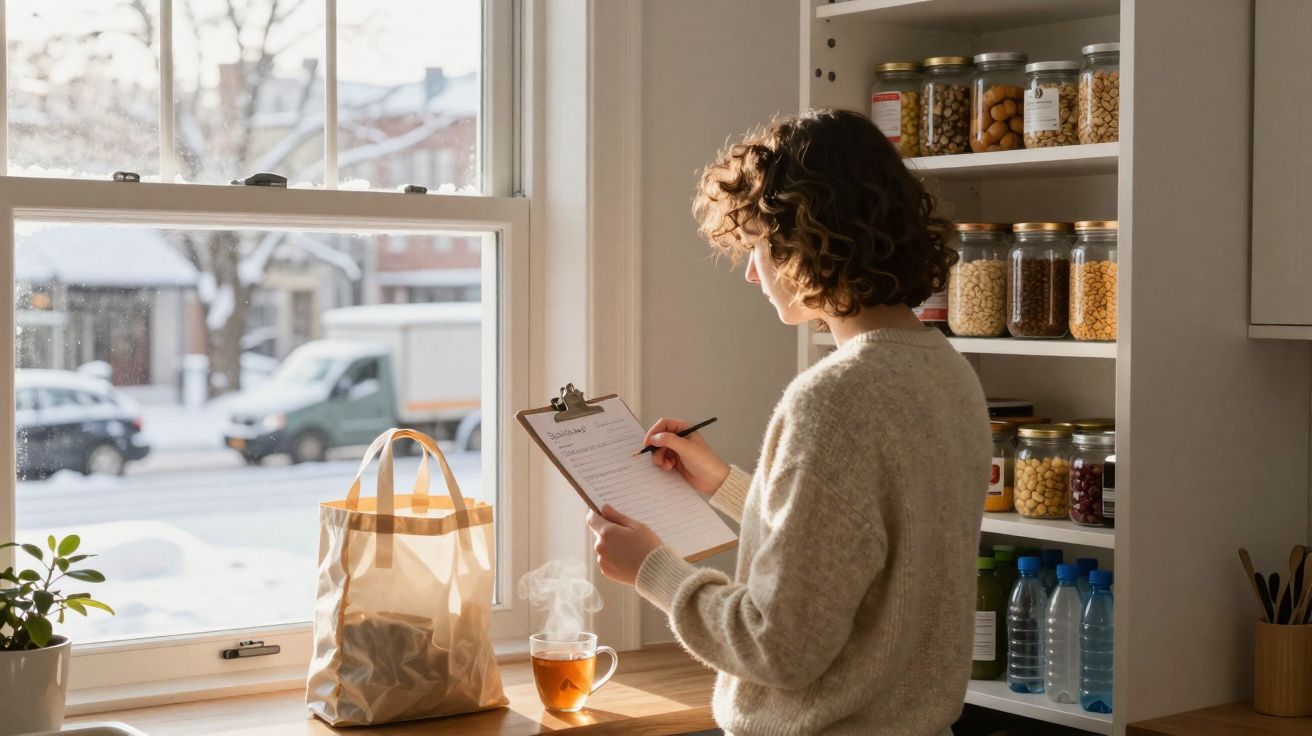 Mulher a fazer lista de compras na cozinha, com jarros de alimentos e chá quente na janela.