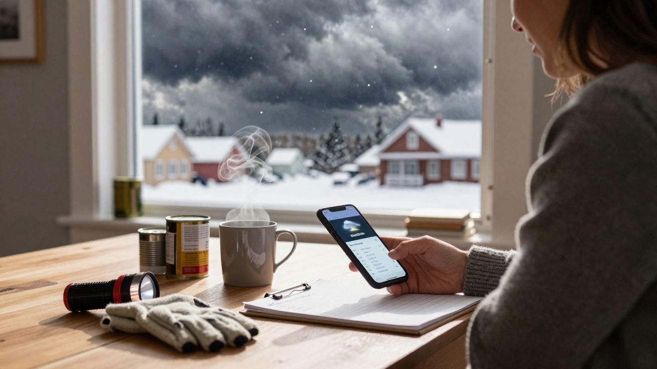 Pessoa a usar telemóvel perto de janela com vista para vila nevada, chá quente e luvas sobre mesa de madeira.