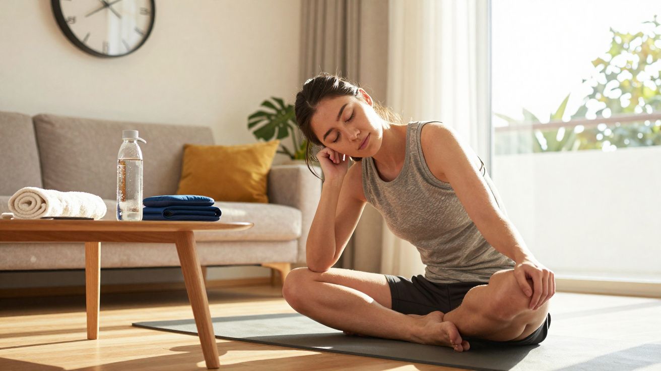 Mulher sentada em esteira de ioga a fazer exercício de alongamento em sala de estar iluminada.