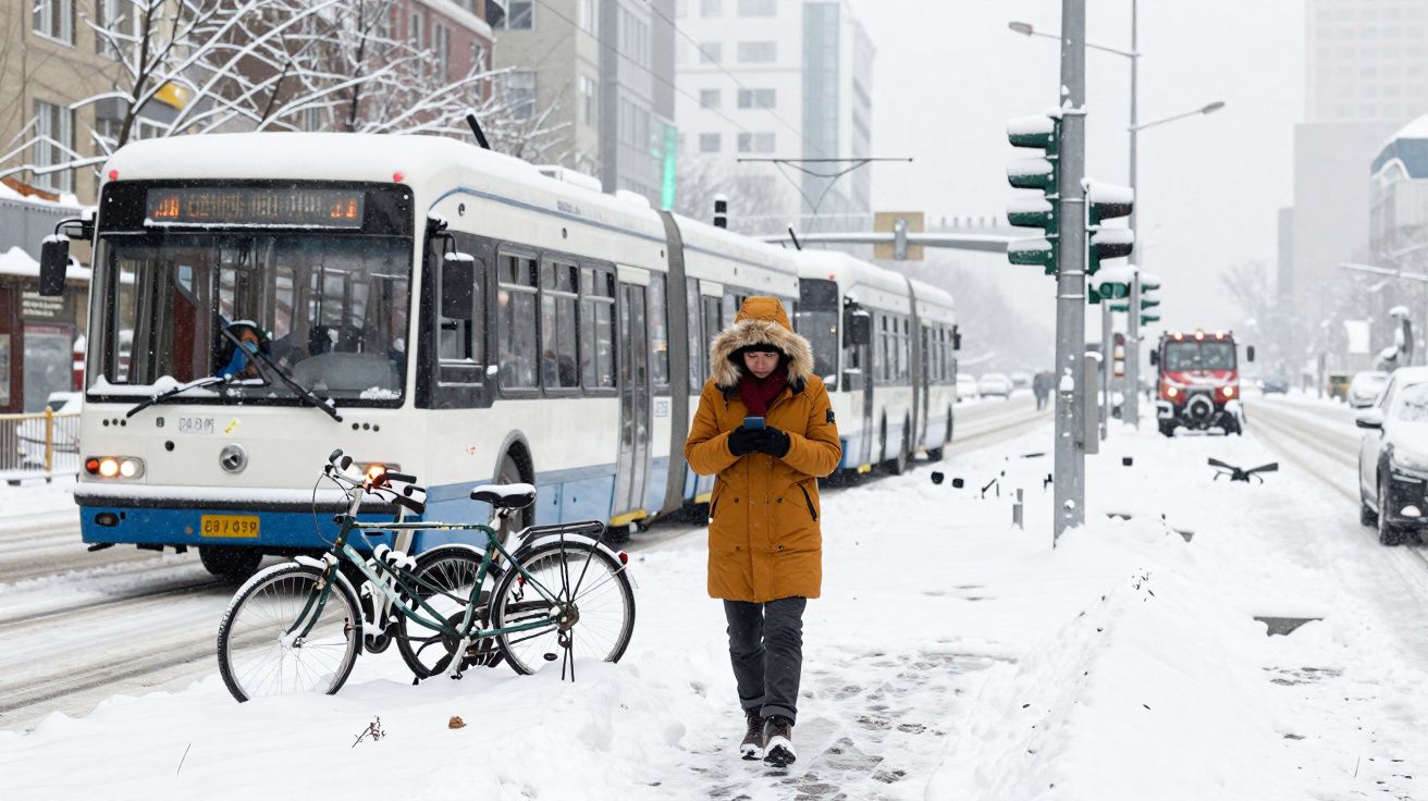 Pessoa com casaco amarelo a caminhar na neve junto a autocarro e bicicleta estacionada numa rua urbana.