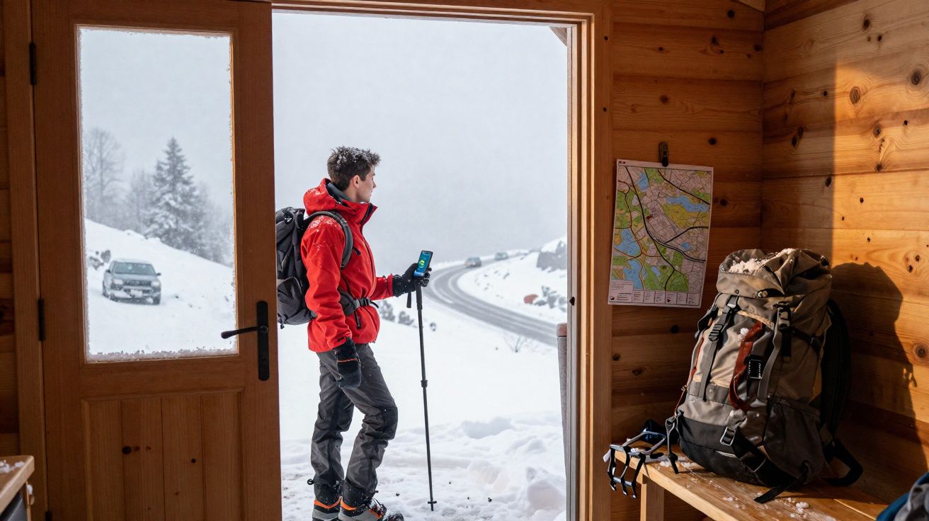 Pessoa vestida com casaco vermelho em porta de madeira, neve no exterior e mochila ao lado numa cabana.