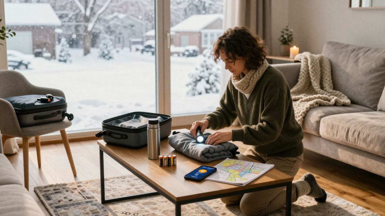 Mulher prepara mochila com roupa e lanterna junto a janela com neve, dentro de sala acolhedora.