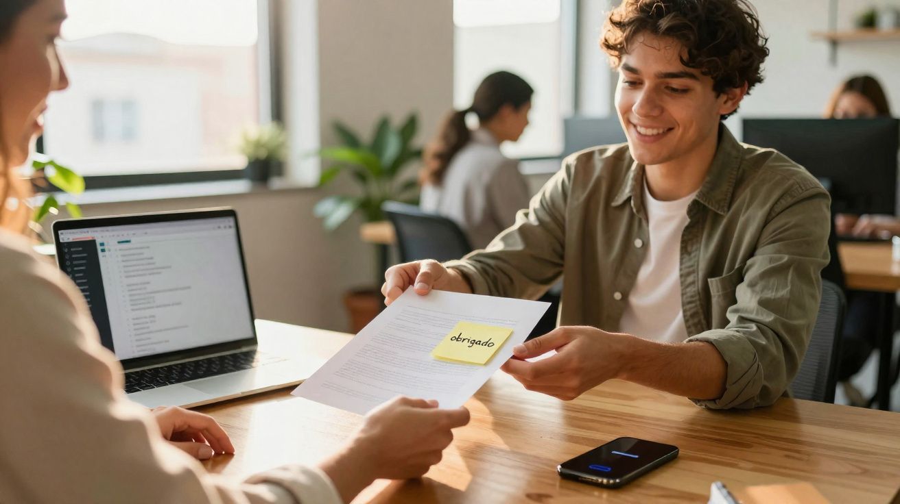 Homem a entregar documento com nota adesiva a dizer obrigado numa mesa de escritório.