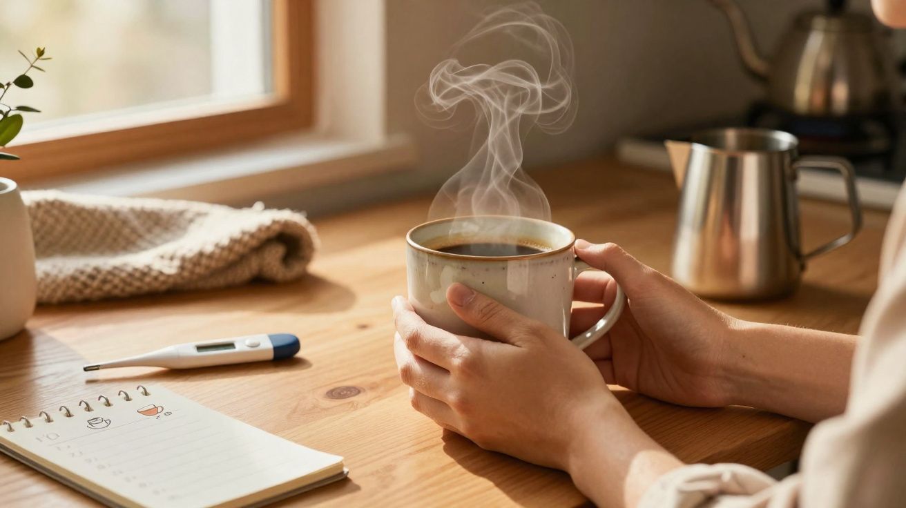 Mãos a segurarem uma caneca de café fumegante numa mesa de madeira com termómetro e bloco de notas.