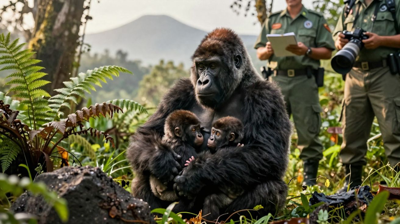 Gorila adulto abraça dois filhotes na natureza enquanto dois guardas-florestais observam ao fundo.