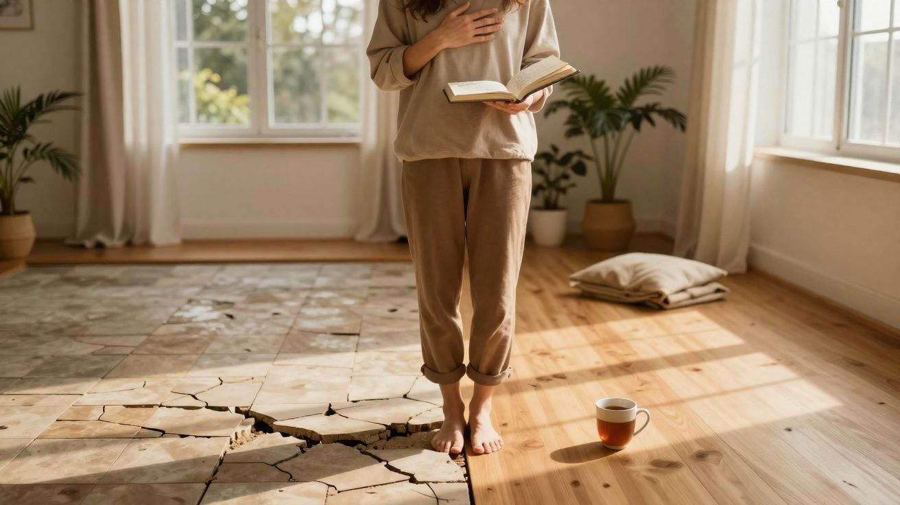 Pessoa de pé descalça em piso de madeira rachado, segurando livro num espaço interior iluminado.