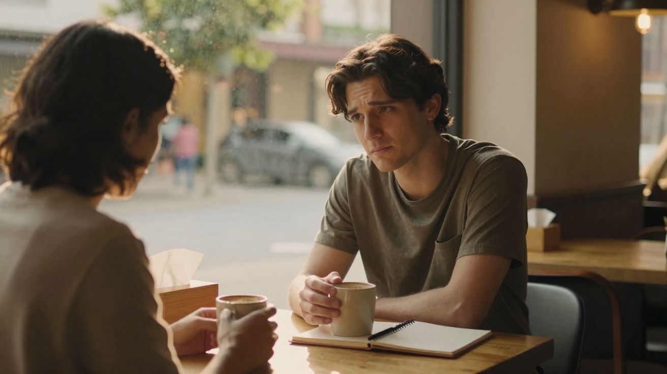 Dois jovens sentados numa mesa de café, com expressão séria, a conversar enquanto seguram canecas.