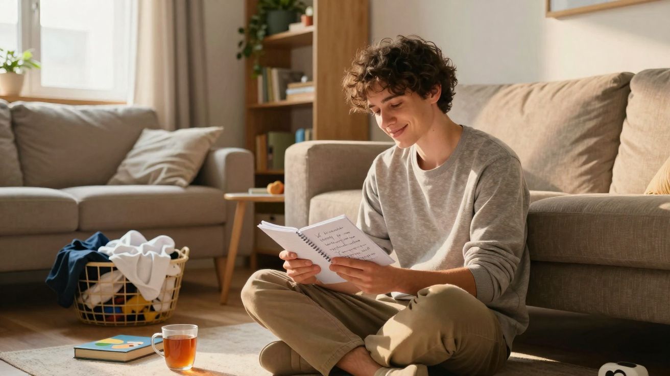 Jovem sentado no chão a ler um caderno, com chá, livros e roupa numa cesta na sala acolhedora.