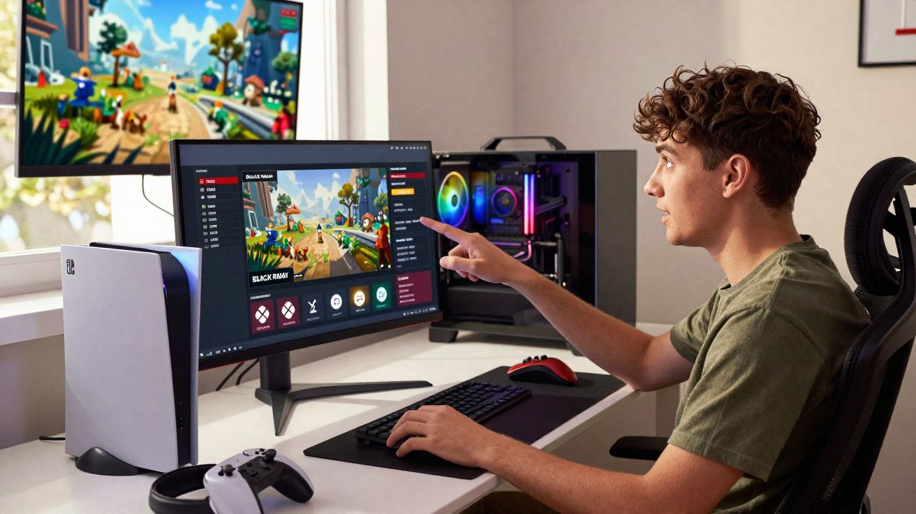 Jovem sentado a jogar videojogos num computador com ecrã grande e consola numa secretária branca.