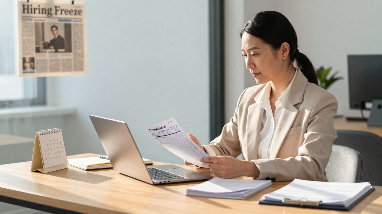 Mulher a analisar documentos sentada numa secretária com computador portátil e agenda numa sala de escritório.