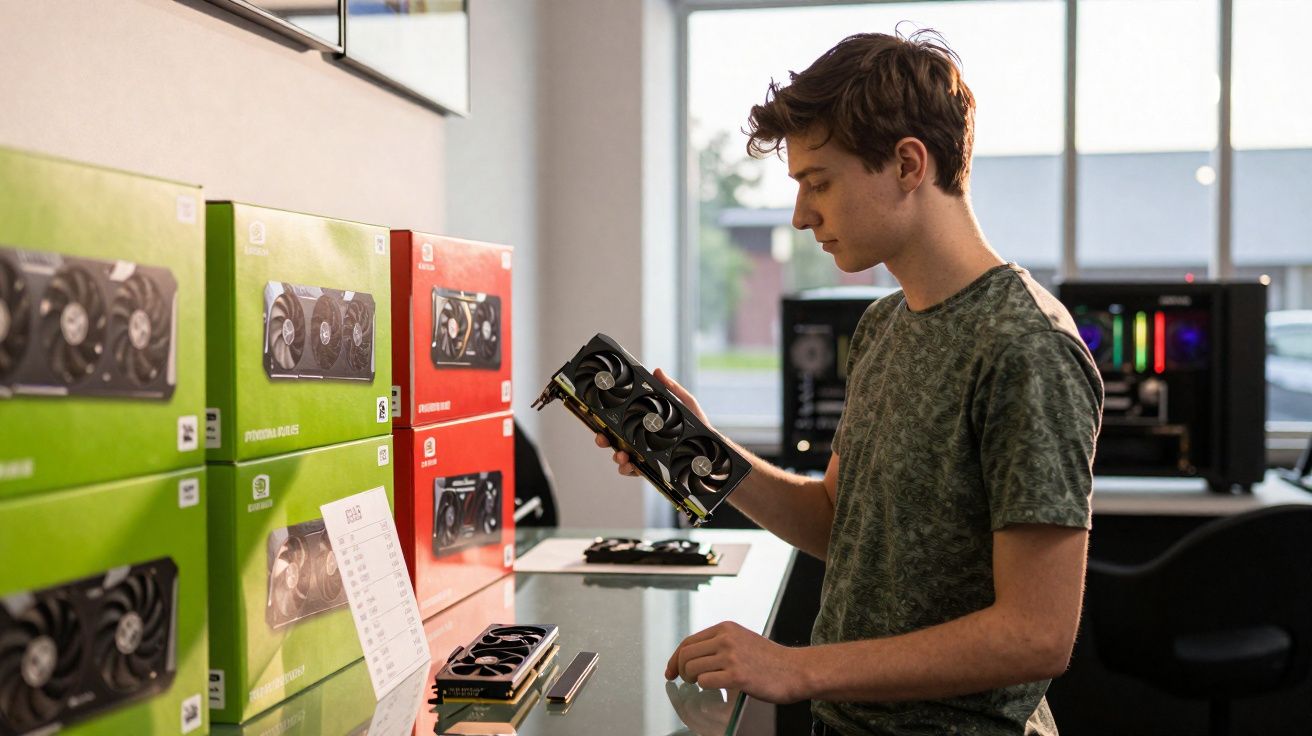 Jovem examina uma placa gráfica junto a várias caixas de componentes eletrónicos numa bancada.