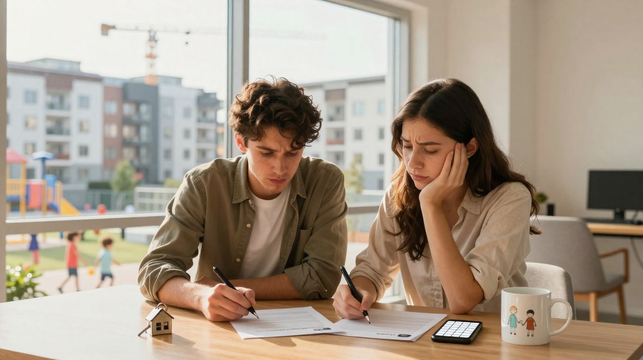 Jovem casal preocupado a analisar documentos financeiros numa mesa com calculadora e miniatura de casa.