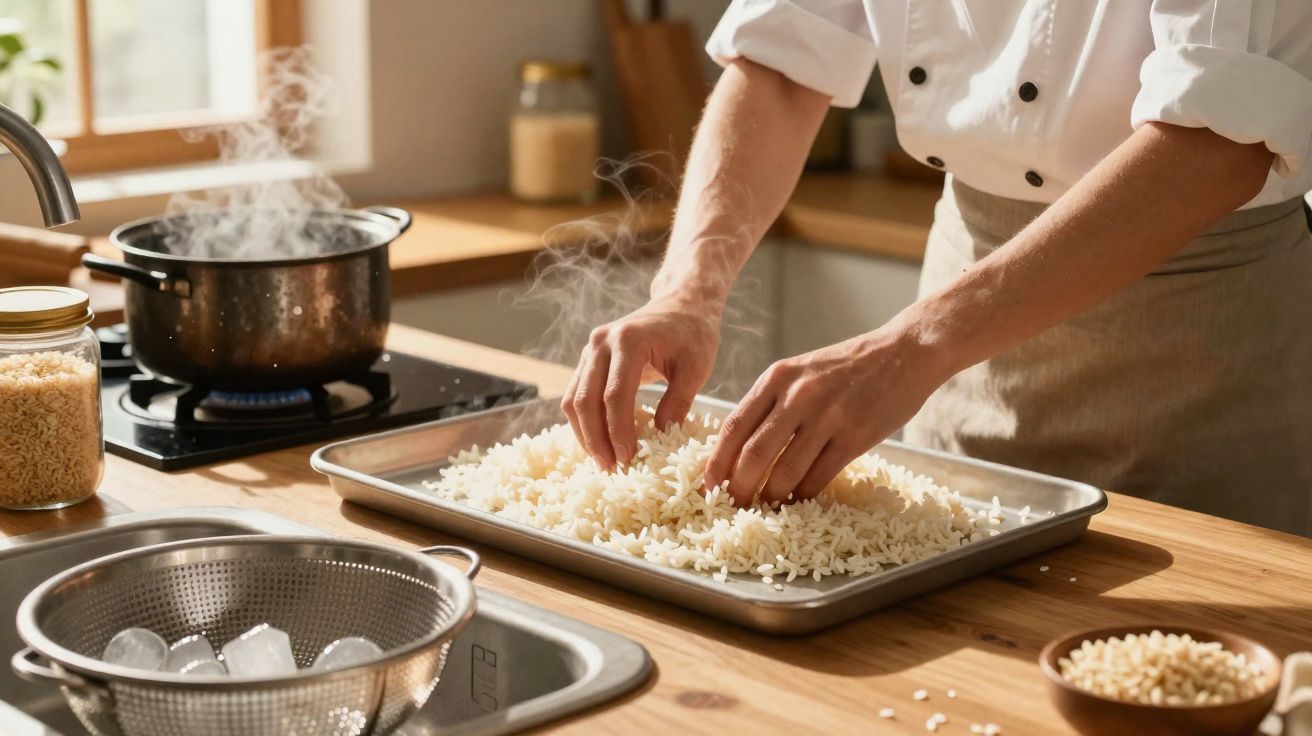 Pessoa a espalhar arroz branco numa tabuleiro metálico numa cozinha com panela a ferver ao fundo.