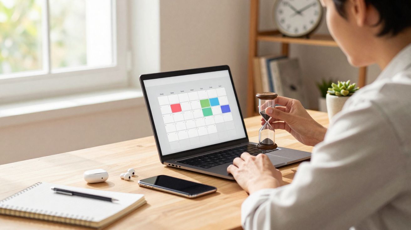 Pessoa a usar um laptop com calendário aberto enquanto segura uma ampulheta numa mesa de madeira clara.