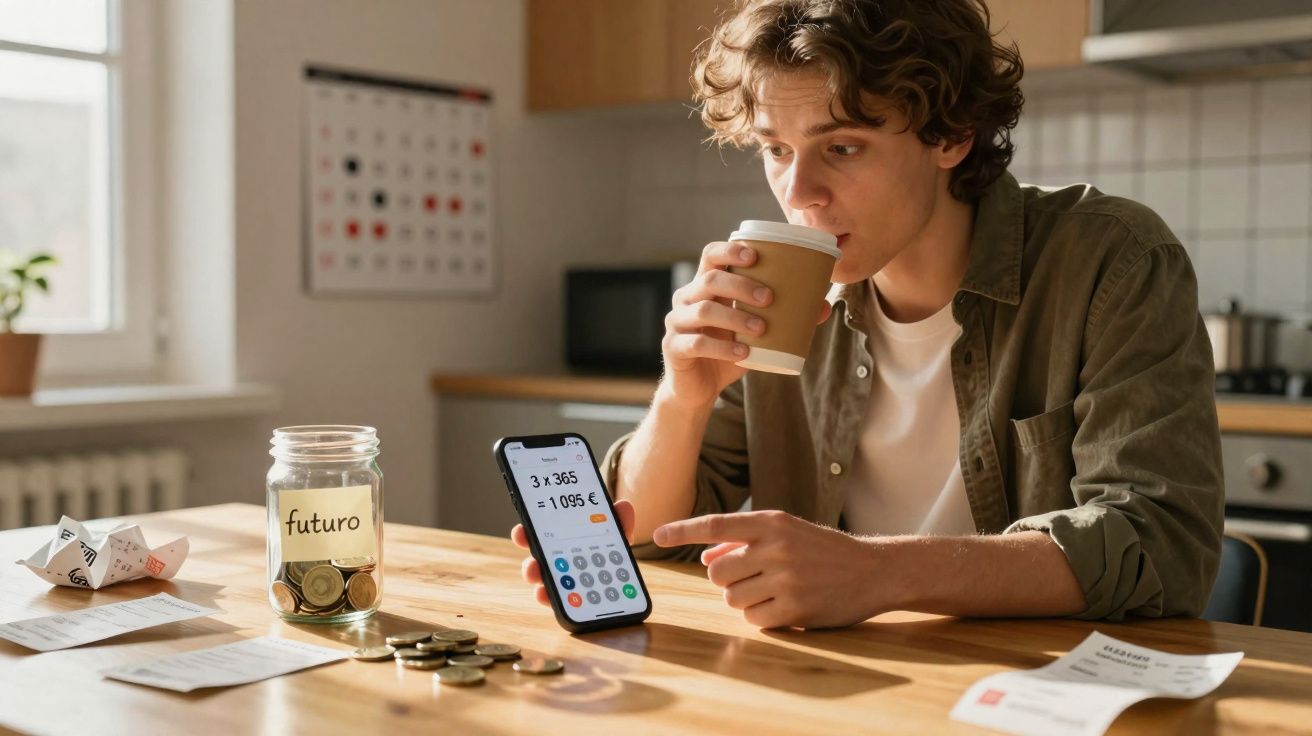 Jovem sentado à mesa a beber café, a calcular finanças no telemóvel, com jarro de moedas marcado "futuro".