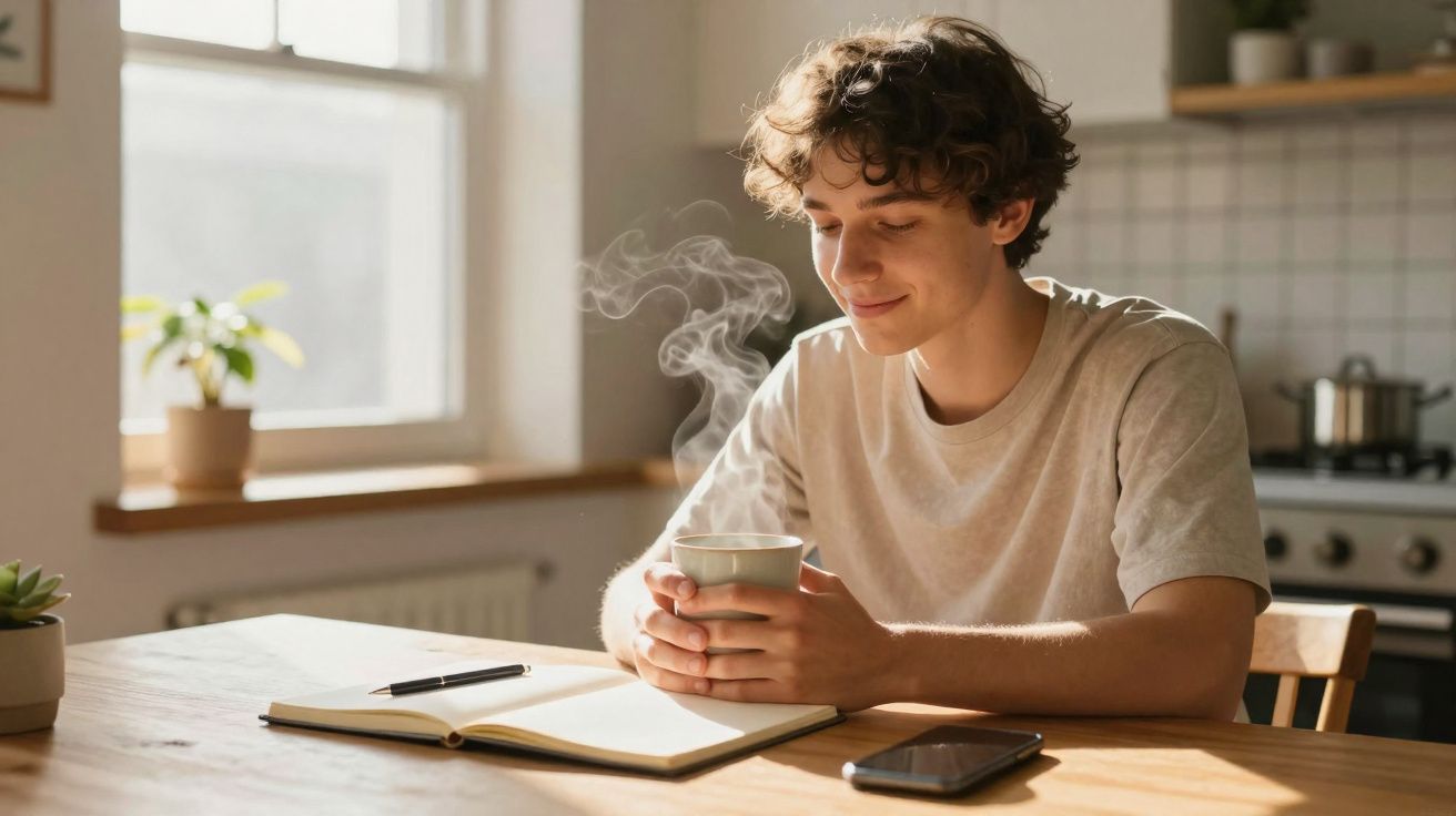 Jovem sentado à mesa a beber chá quente, com caderno, caneta e telemóvel numa cozinha iluminada.