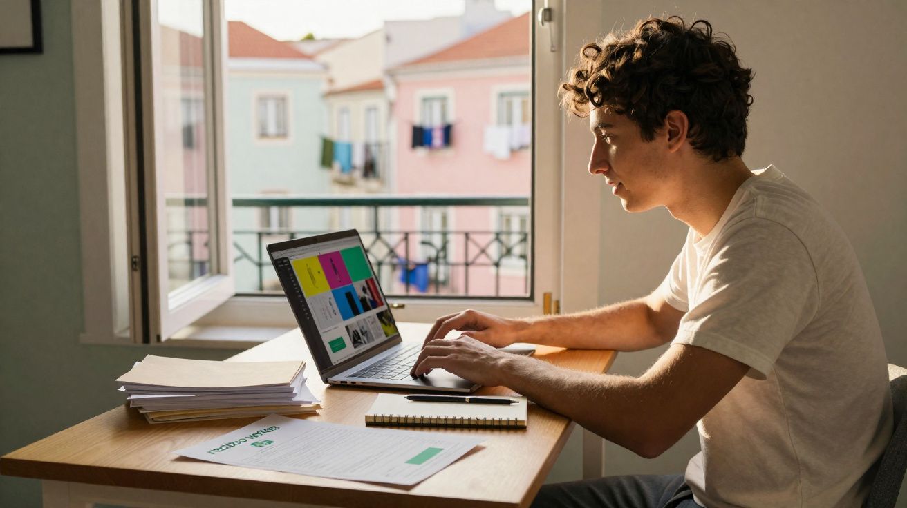 Jovem a trabalhar num computador portátil numa mesa com documentos, numa divisão iluminada pela luz natural.