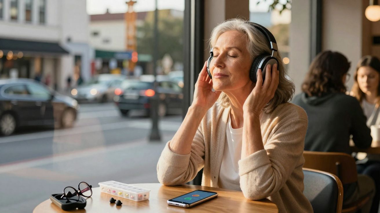 Mulher idosa de cabelos grisalhos numa cafetaria, a ouvir música com auscultadores, olhos fechados, serena.