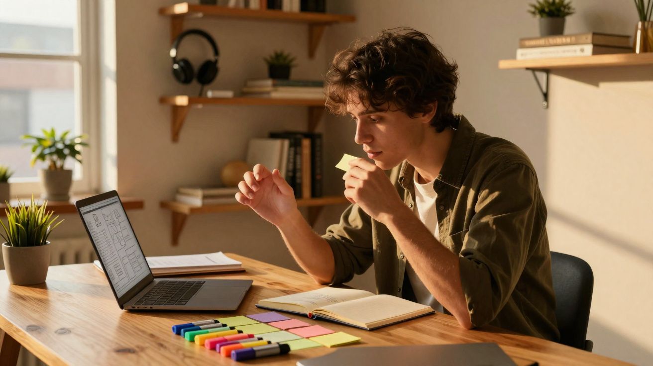 Jovem a estudar com computador, marcadores e notas autocolantes num escritório iluminado pelo sol.