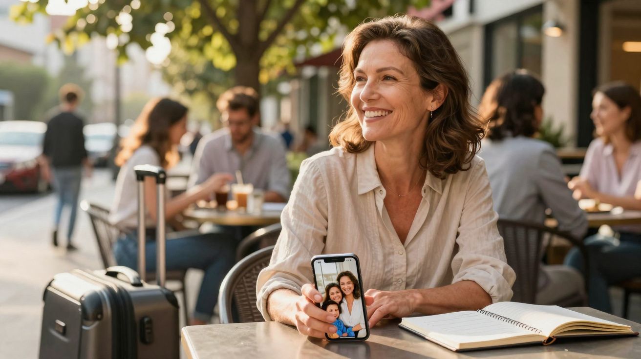 Mulher sorridente sentada numa esplanada, mostrando foto de família no telemóvel com mala de viagem ao lado.