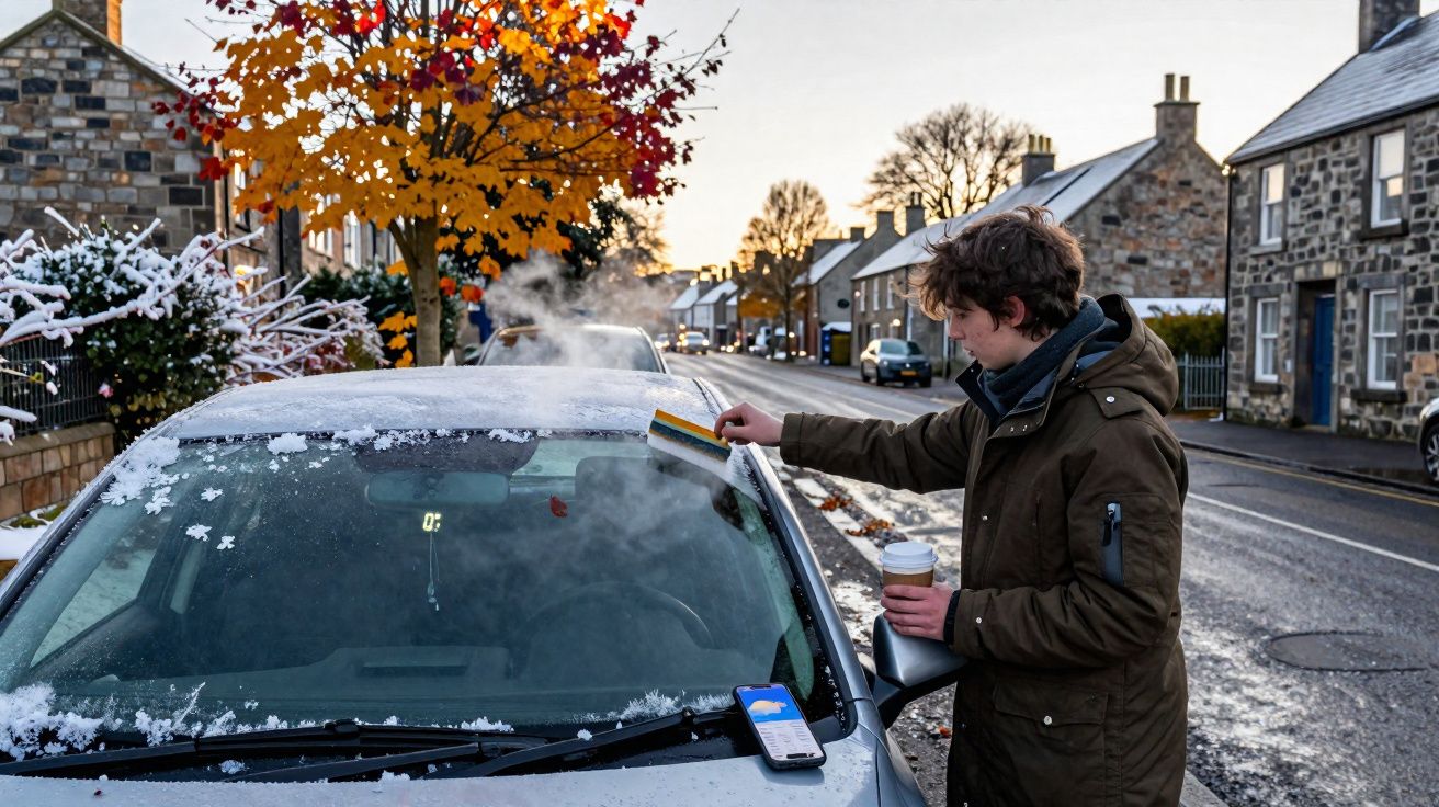 Jovem retira gelo do para-brisa de carro com escova, segurando bebida quente numa rua residencial.