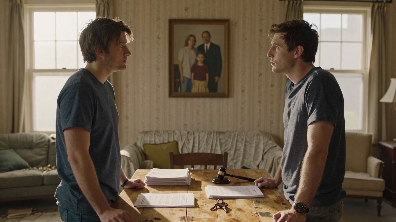 Dois homens discutem em frente a uma mesa com documentos, num salão com decoração clássica e retrato familiar na parede.