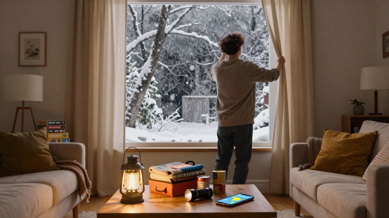 Pessoa de costas a abrir a cortina e observar a neve a cair no jardim durante o inverno.