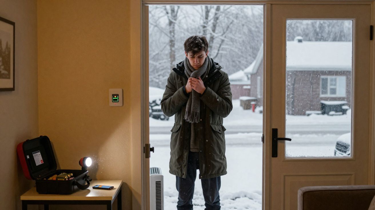 Homem vestido para frio está na entrada de casa com neve visível no exterior.