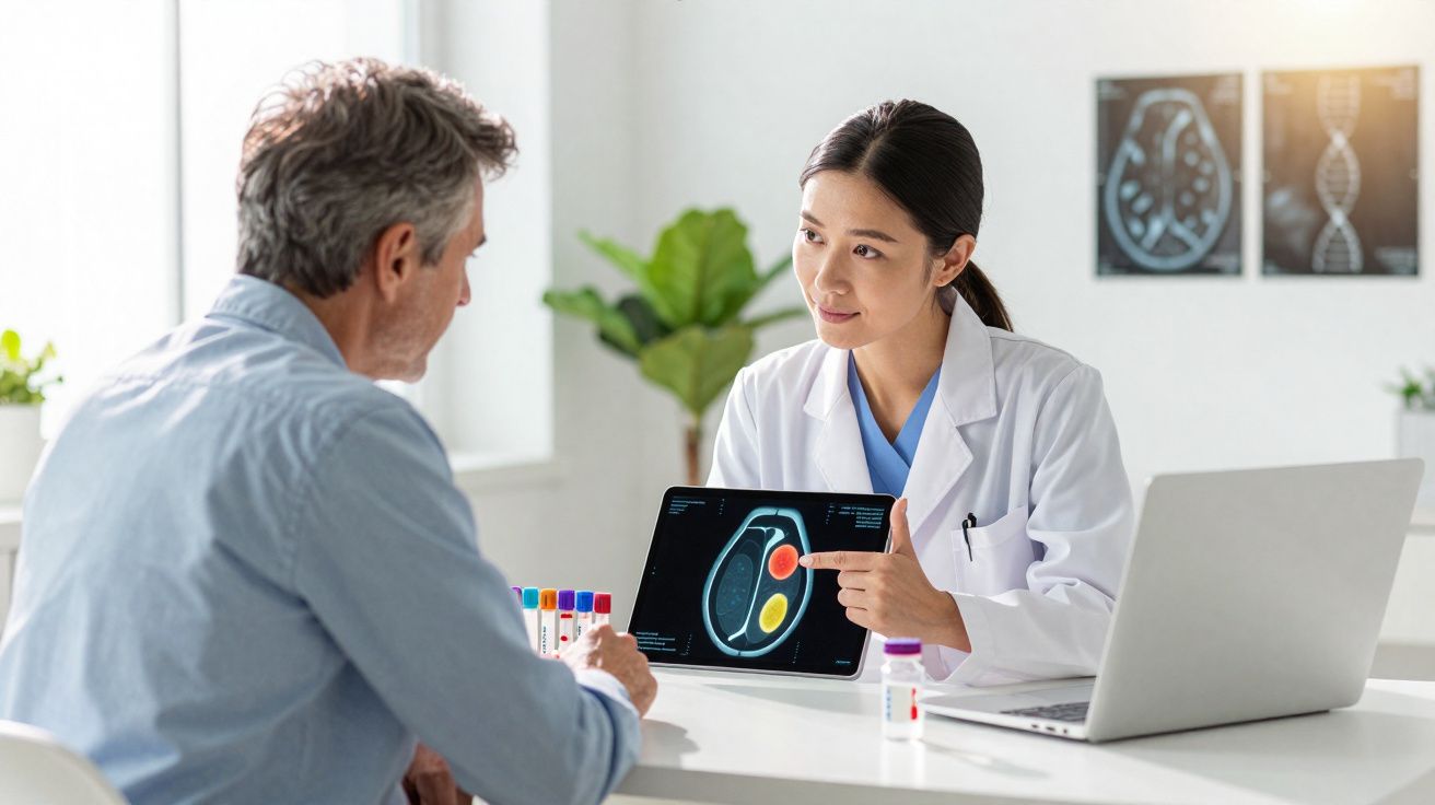 Médica a explicar exame num tablet a paciente numa consulta num consultório moderno e bem iluminado.