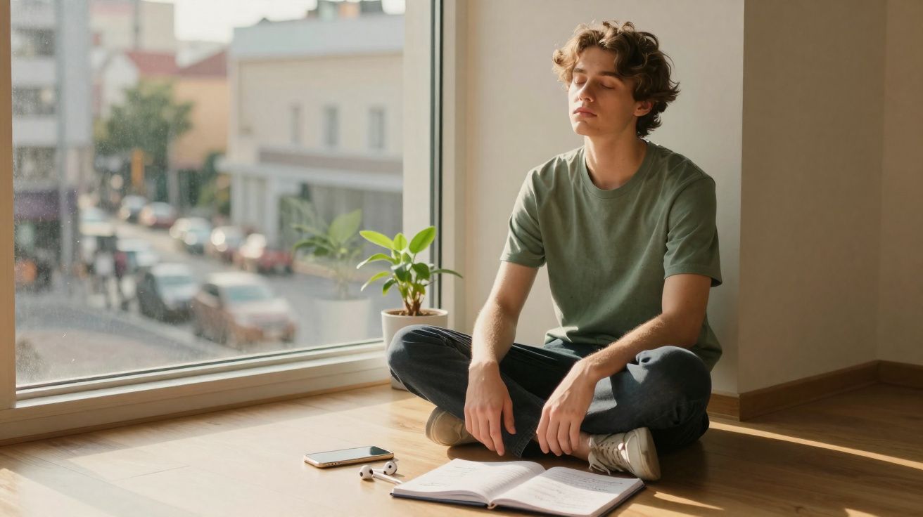 Jovem sentado no chão junto à janela, com olhos fechados, rodeado por livros, telemóvel e auscultadores.