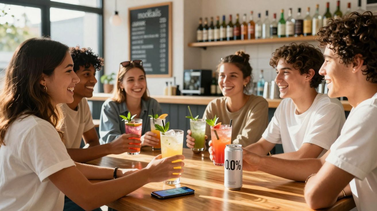 Seis jovens sentados à volta de uma mesa num café, a brindar com bebidas coloridas e a sorrir.