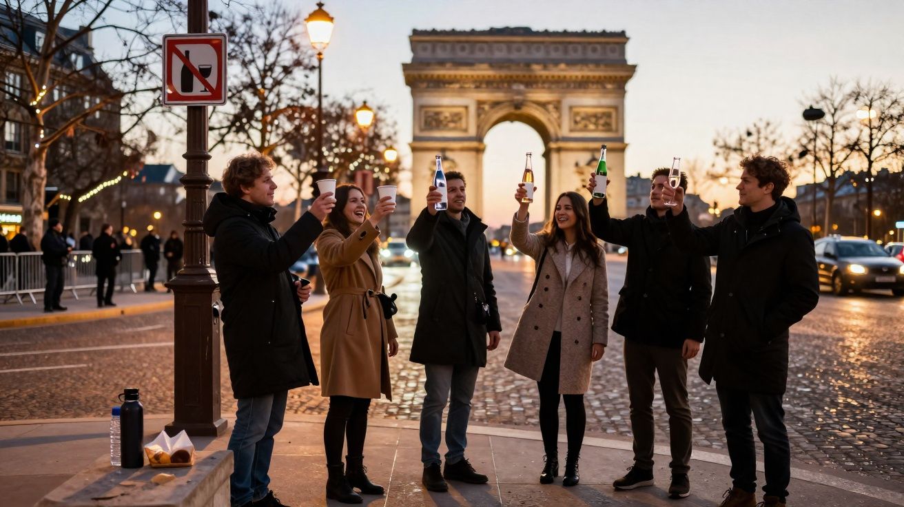Grupo de amigos a brindar com bebidas perto do Arco do Triunfo ao pôr do sol em Paris.