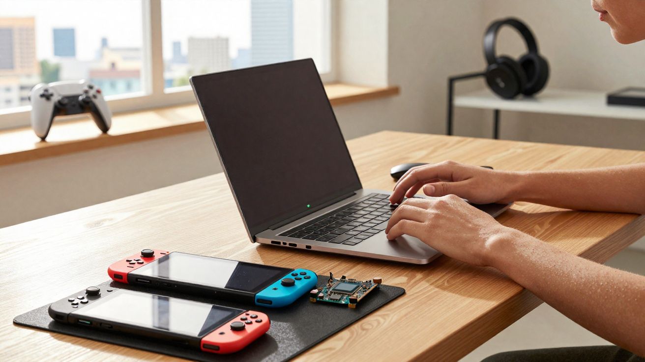 Pessoa a usar portátil numa mesa com dois comandos de videojogos e um circuito elétrico à frente.