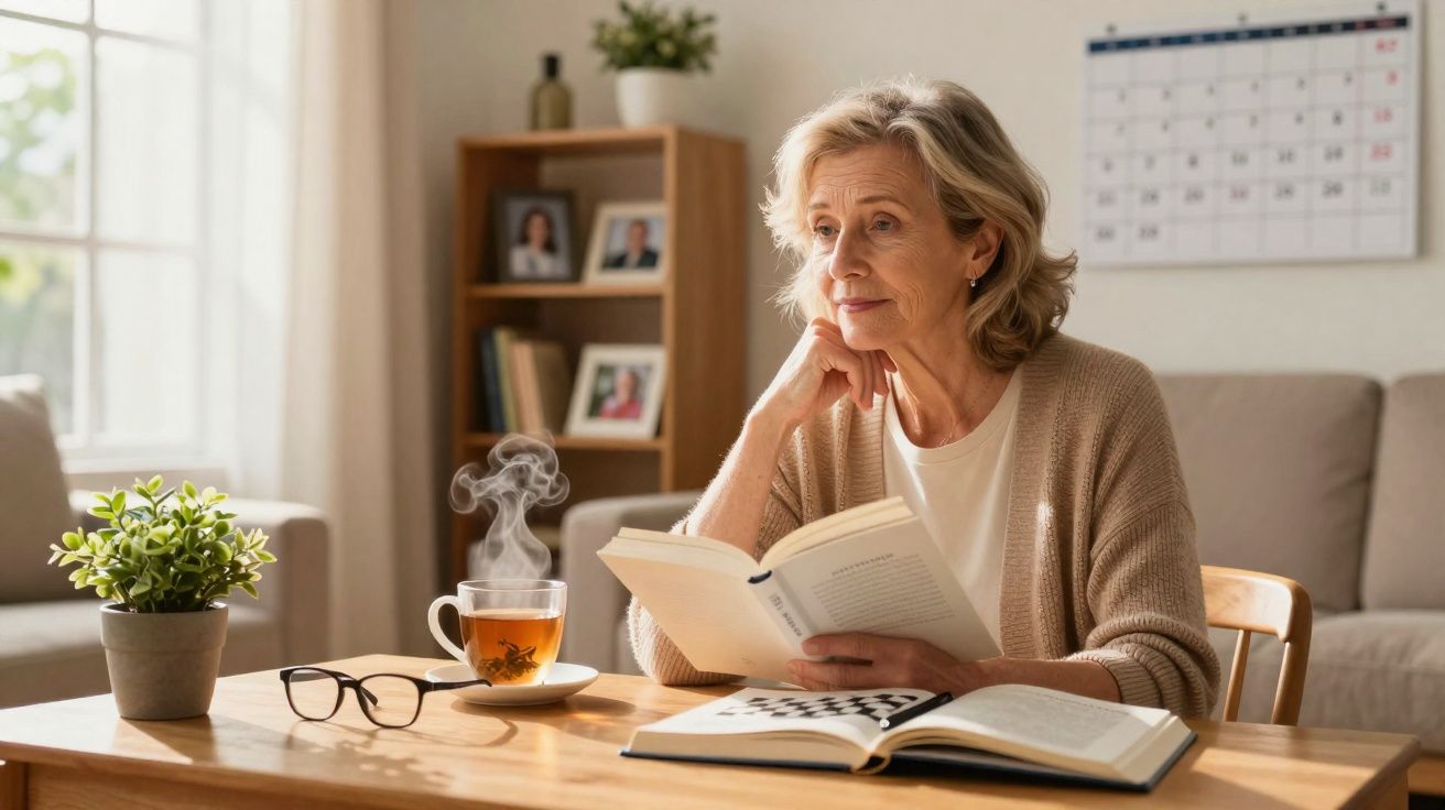 Mulher sénior a ler um livro sentada à mesa com chá quente e plantas numa sala iluminada.