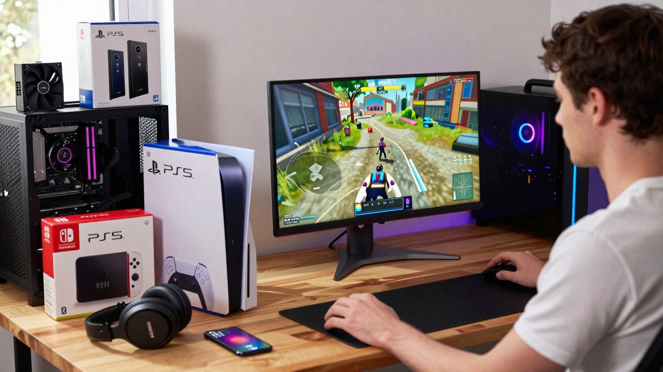 Jovem a jogar videojogo num PC com hardware aberto, várias caixas de consolas e auscultadores sobre a secretária.