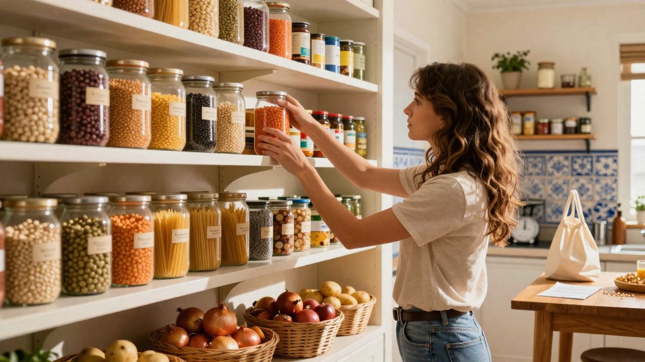 Mulher a organizar frascos de alimentos secos numa despensa luminosa com cestos de legumes.
