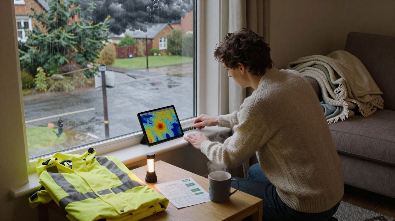 Pessoa sentada junto a uma janela com tablet mostra mapa meteorológico e chuva lá fora.