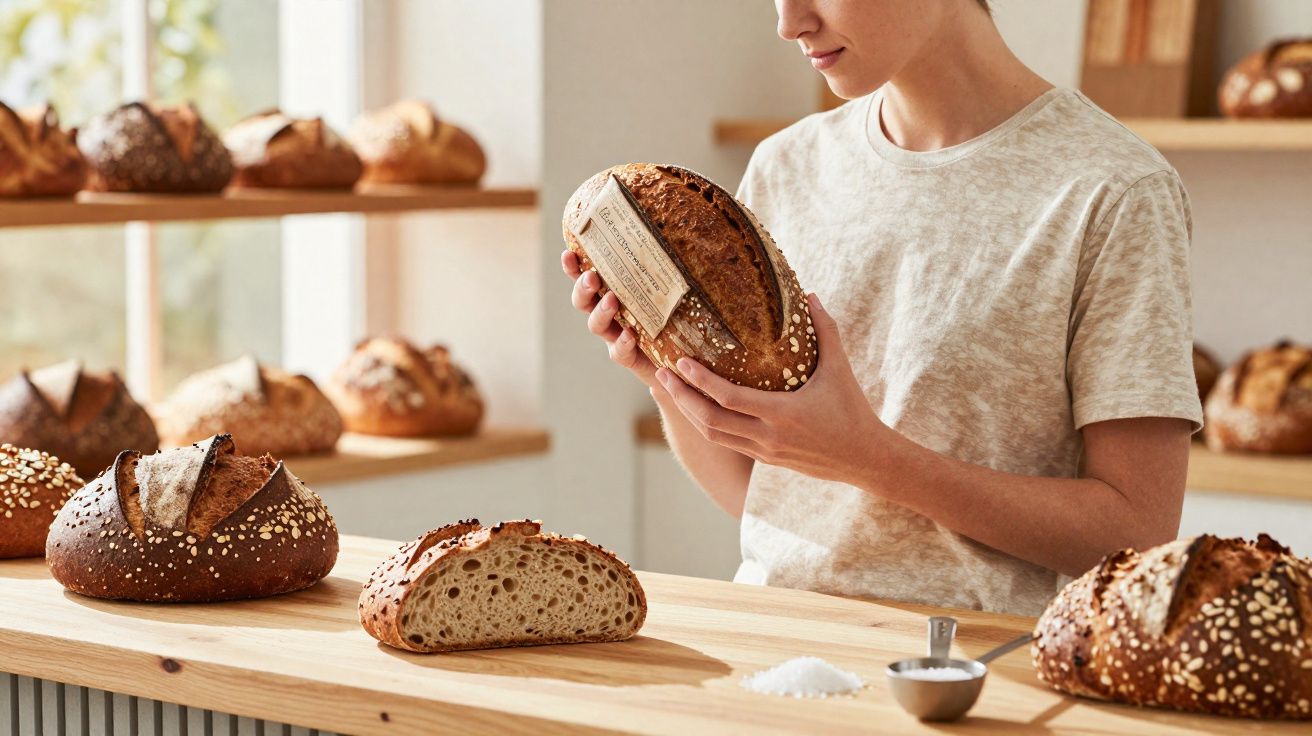 Pessoa a segurar e examinar pão rústico numa mesa com vários pães e talheres numa padaria.