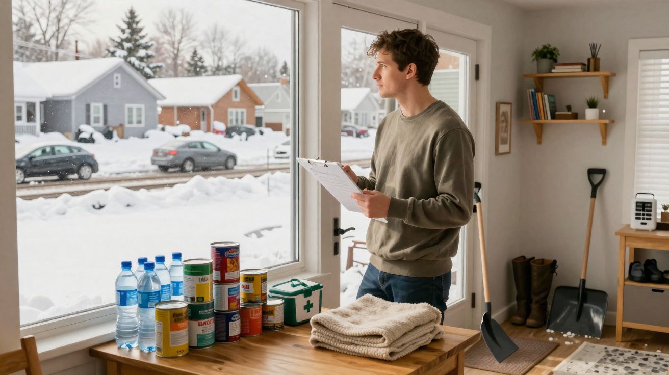 Homem com clipboard observa neve na janela, com mantimentos e mantas numa mesa interior acolhedora.