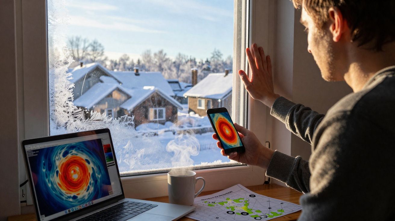 Pessoa junto à janela com gelo, segurando telemóvel, com computador e chá quente numa mesa numa manhã de inverno.