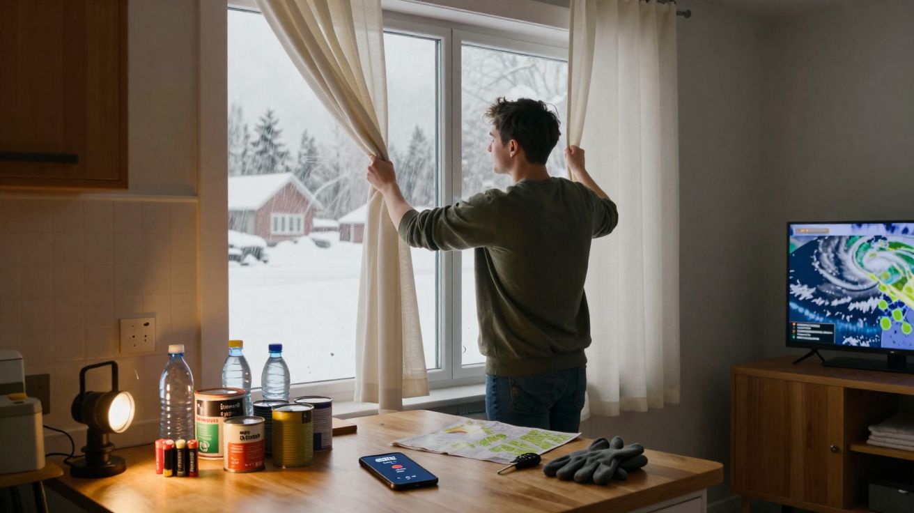 Homem a abrir as cortinas de uma janela para observar a neve lá fora durante uma tempestade.
