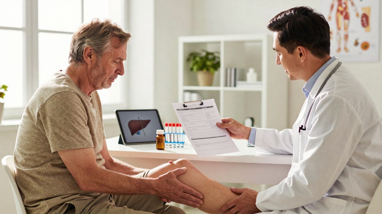 Médico examina o joelho de um paciente idoso numa consulta num consultório médico iluminado.